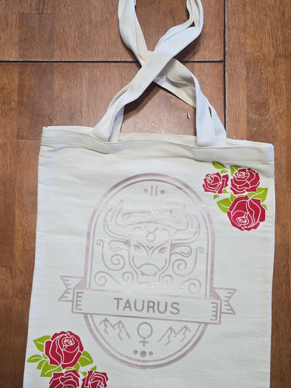 Taurus Zodiac Heavy Canvas Tote Bag in Cream with Rose Accents